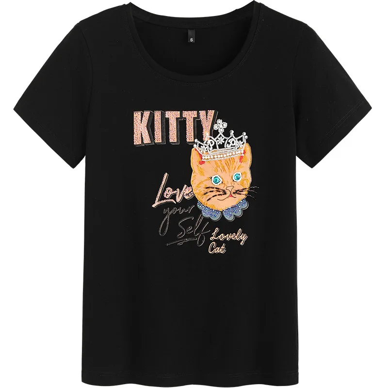 

2021 summer T-shirt women manual nail bead fashion trend in joker diamond in Europe and the high quality cotton t-shirts