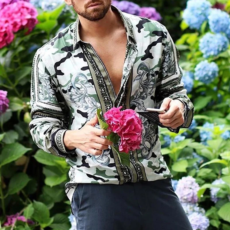 Рубашка мужская с длинным рукавом винтажная пляжная повседневная цветочным