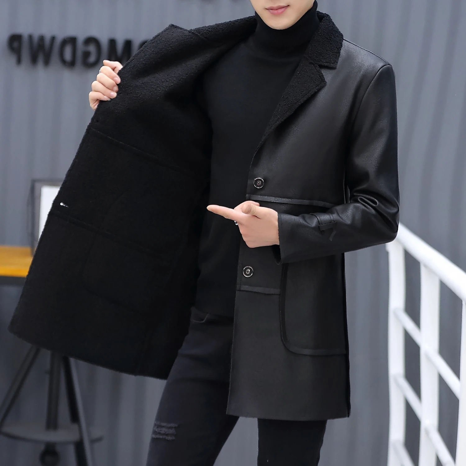 

Модная мужская кожаная одежда средней длины, зимняя утепленная меховая мужская куртка с флисовой подкладкой, куртка, мотоциклетная куртка, ...