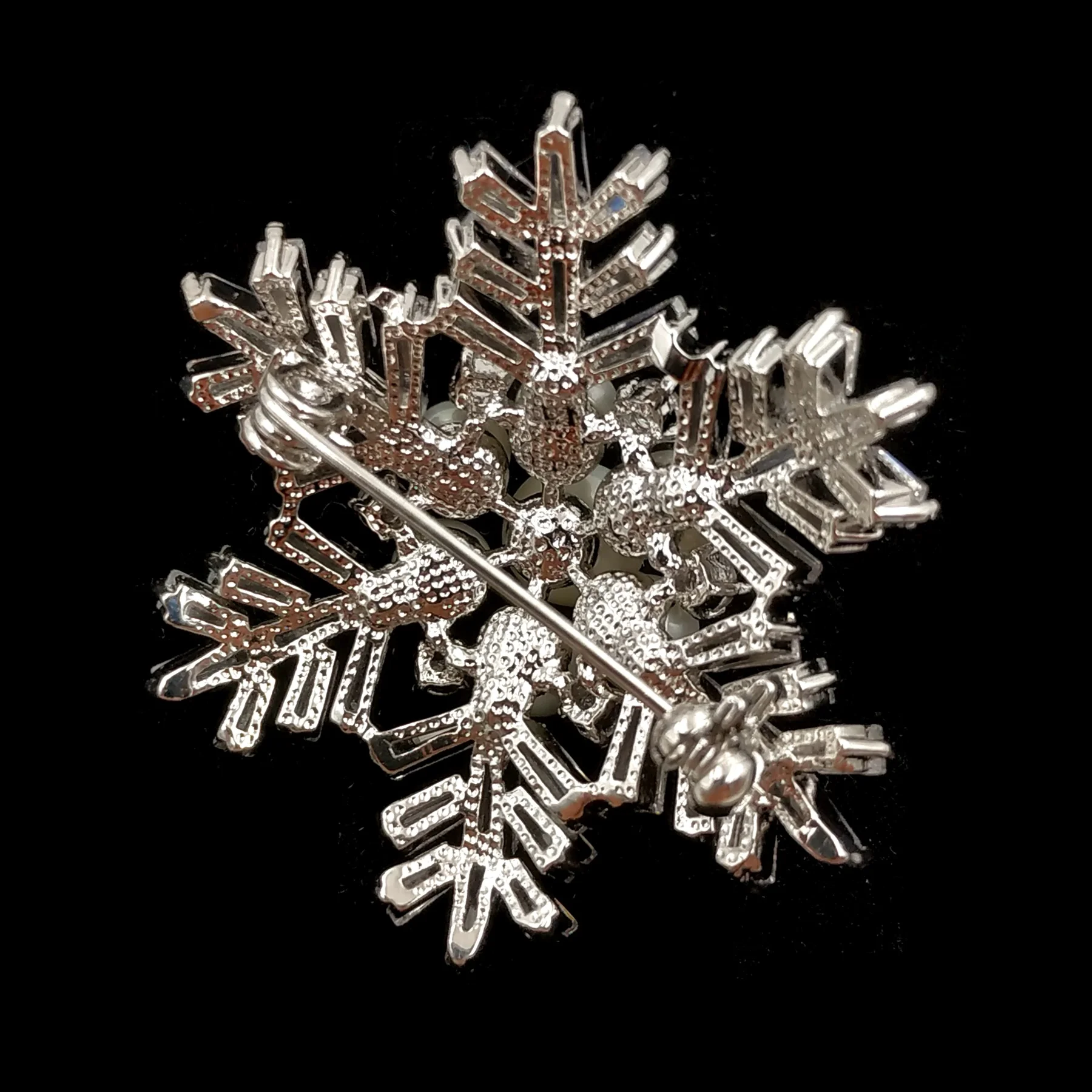 

Winter Holiday Jewelry Buaguette Cut CZ Cluster Mother of Pearls Snowflake Brooch Snow Flower Pin or Women Coat Dressy Clothes