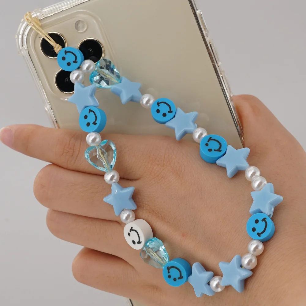 

Cute Smiley Face Phone Chain 2021 Boho Blue Star Accessories Sweet Pearl Charm Women Jewelry Fashion Heart Rope for Mobile Gift
