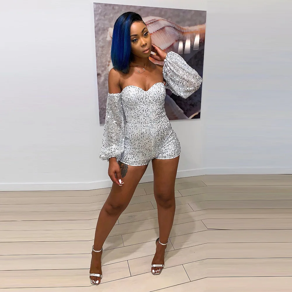 Feditch Off Shoulder Sequined Sexy Jumpsuit Women Club Wear Party Playsuit Gold Elegant Female Glitter Playsuit New Rompers