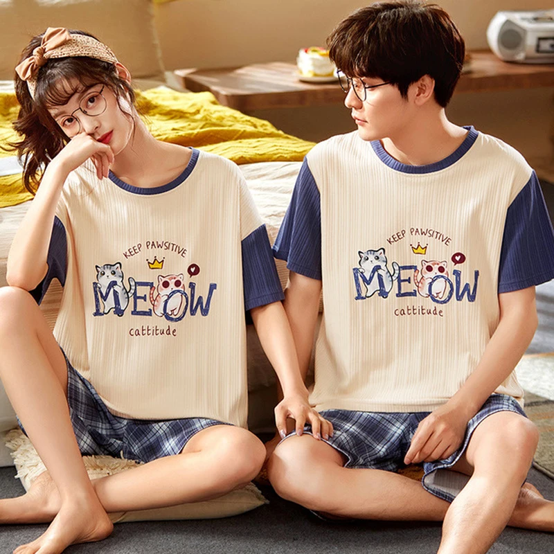 

Пижамный комплект для пар, летняя женская мужская пижама, мультяшная хлопковая Домашняя одежда с коротким рукавом, Пижама для влюбленных, о...