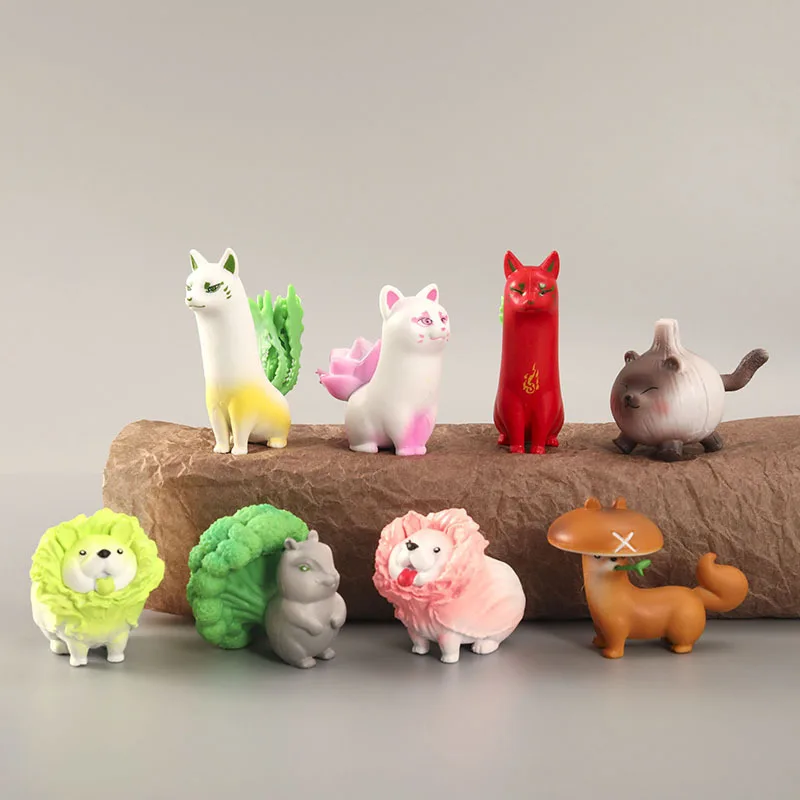 8 Pcs/set Kawaii Animal Dog Fox Cat with Vegetable Cabbage Carrot PVC Model Action Figure Toys Desk Ornament Kids Birthday Gift