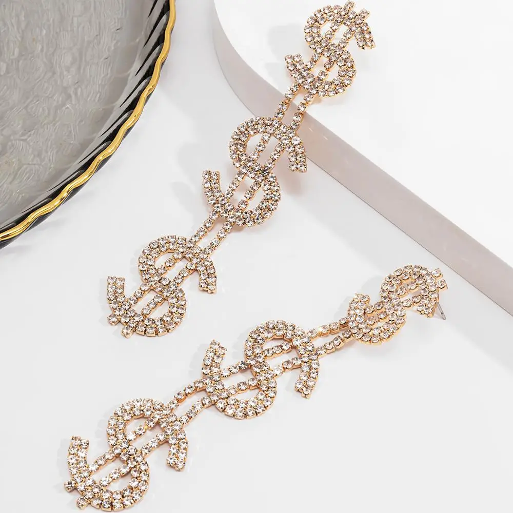 

IngeSight.Z Luxury Shiny Rhinestone US Dollar $ Sign Drop Dangle Earrings Green Stone Love Heart Hanging Earrings Women Jewelry