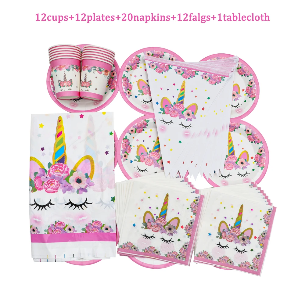 

Cute Cartoon Girls Rainbow Unicorn Princess Birthday Party Cup Plate Napkin Flags Tablecloth Disposable Tableware Baby Shower
