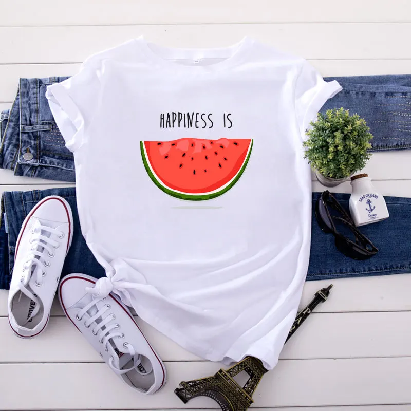 

_Happiness is Watermelon Printed Tees Female T-Shirt Casual Short-Sleeve Tees Ulzzang Harajuku Women Tops