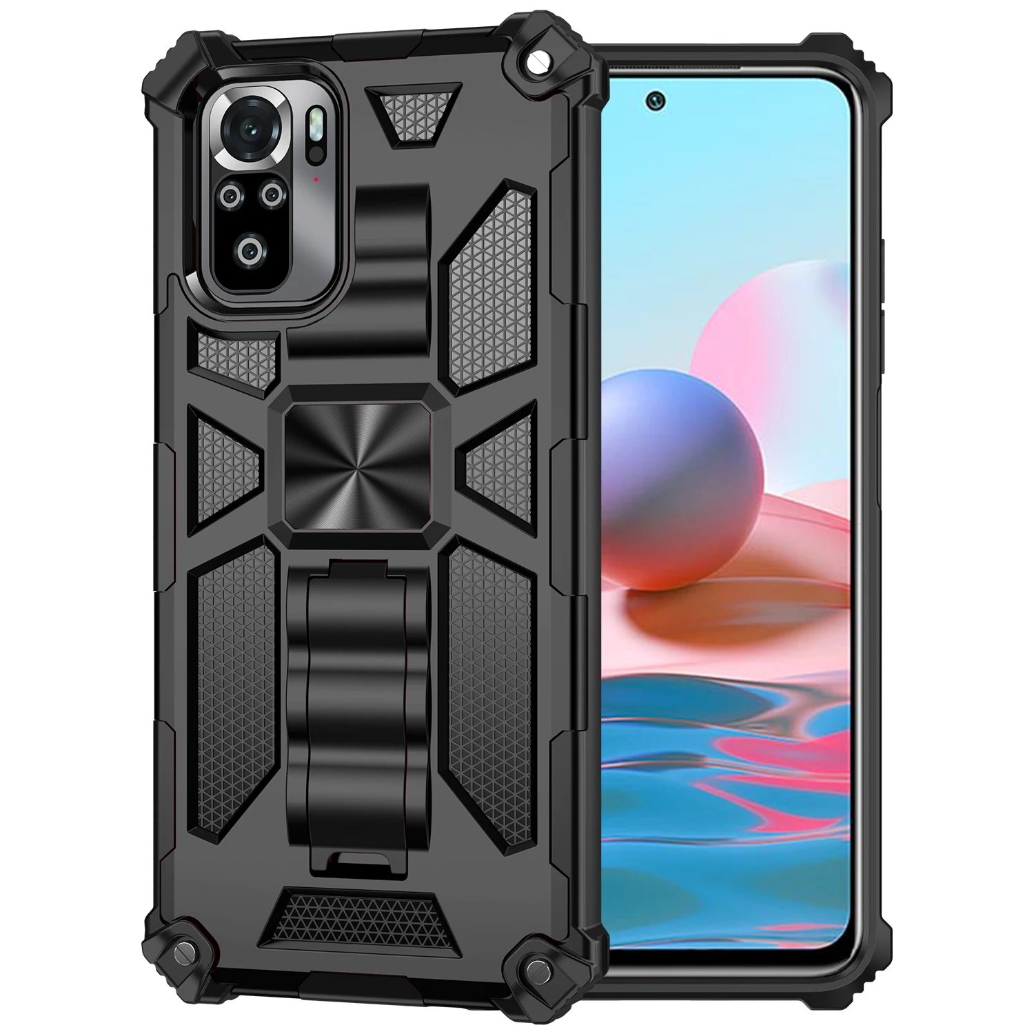 

Shockproof Anti Fall Armor Phone Case For Xiaomi Redmi Note 10S 10 Pro Max 4G With Metal Magnetic Rugged Bracket Protector Cover