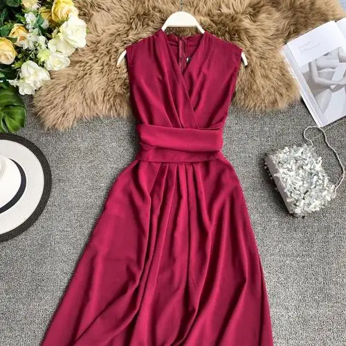43690-burgundy Neploe Сексуальное Женское Платье Лето v-образный вырез без рукавов вечерние платья французский шик крест шнурок тонкая талия Vestidos 43690 - Цвет: 43690-burgundy