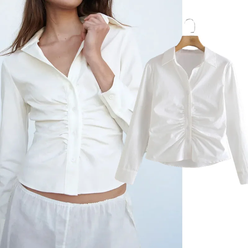 

Za 2021 Women Fashion Draped Asymmetry White Blouses Vintage Long Sleeve Button-up Female Shirts Blusas Chic Tops