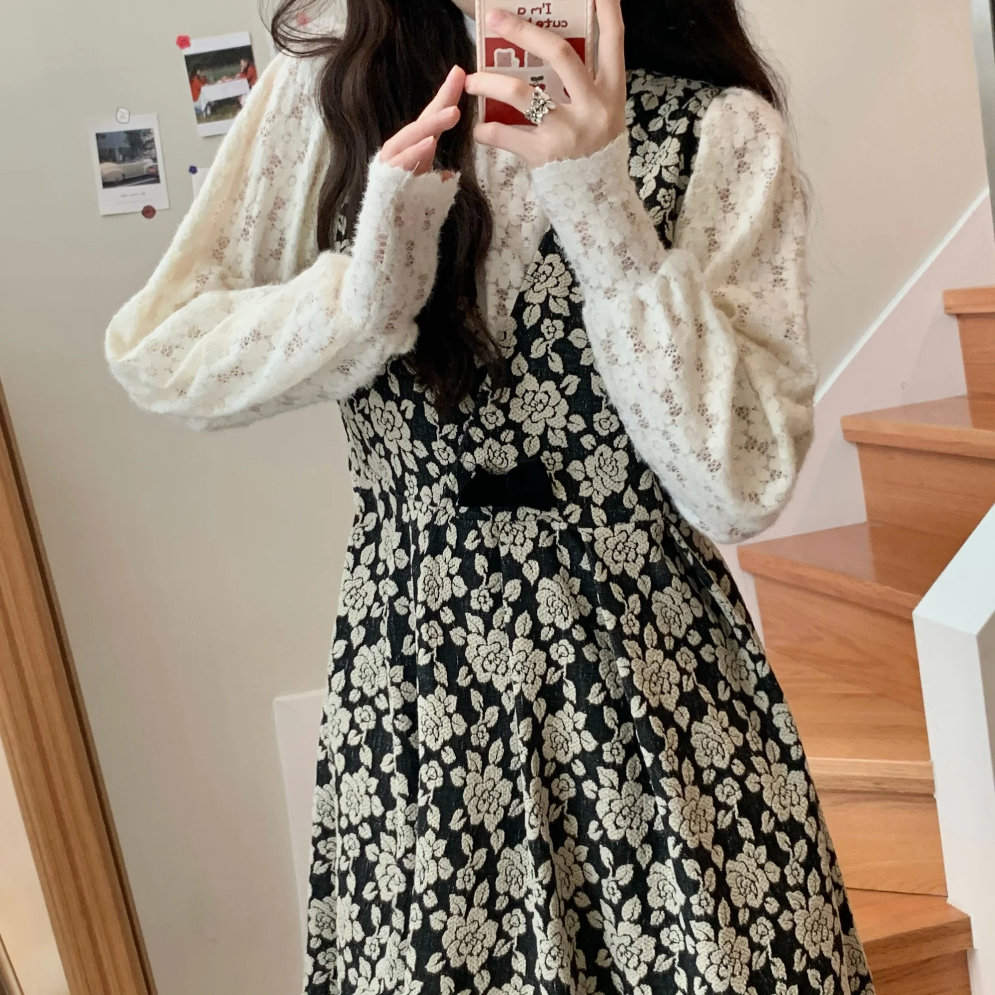 Корейское жаккардовое платье с завышенной талией платье-жилет бантом кружевная