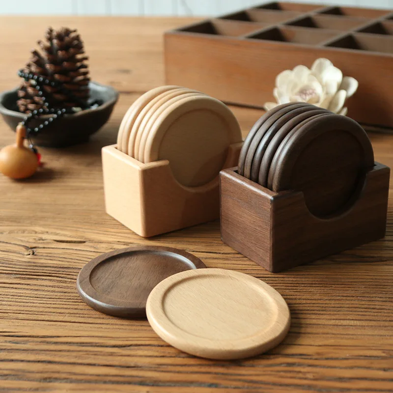 

6pcs/set Wood Coasters Easy to Clean Placemats Round Tea Pad Table Pad Holder Tableware Kitchen Accessories