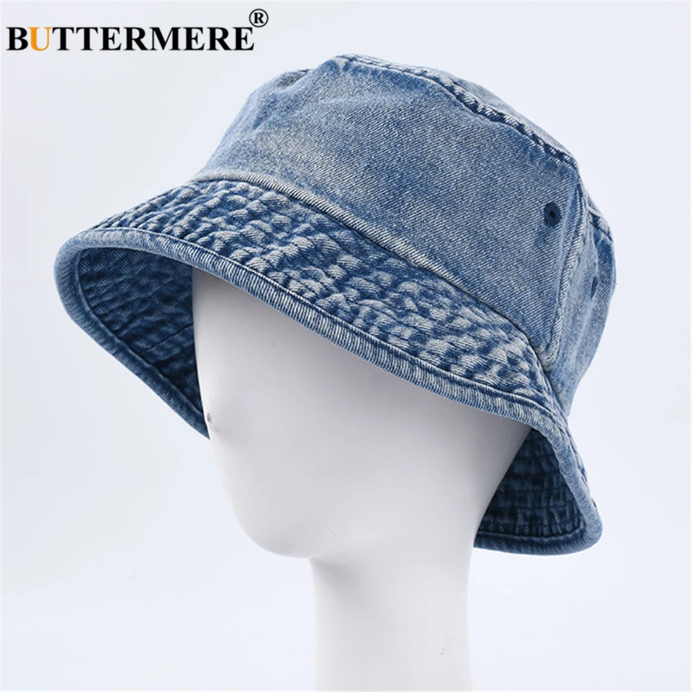 BUTTERMERE Bucket Hat Womens Denim Spring Summer Solid Vintage Fisherman Hat Korean Unisex Traveling Hiking Cap