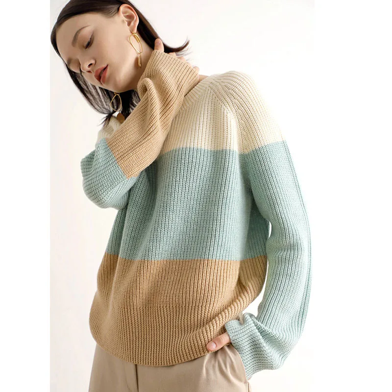 

Spring New Women Casual Spliced Color Contrast Knitted Pullovers O-Neck Raglan Sleeve Age Reduction Loose Warm And Soft Sweater