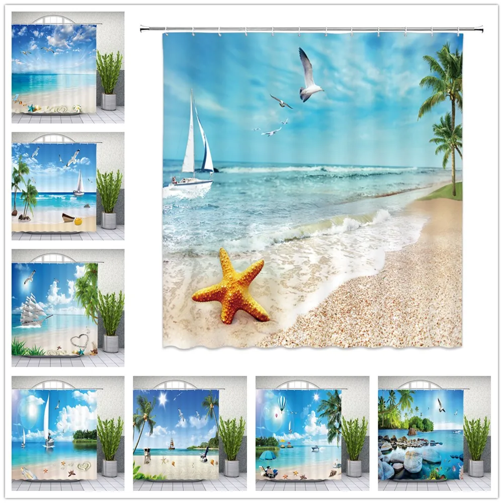 

Ocean Beach Scenery Shower Curtains Sea Themed Natural Scenery Dolphin Seagull Floral Bathroom Decor Polyester Cloth Curtain Set