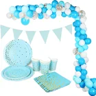 Наборы одноразовой посуды золотистого и синего цвета, салфетки, тарелки, украшение на 1-й день рождения, для новорожденных мальчиков, шары для душа, Декор