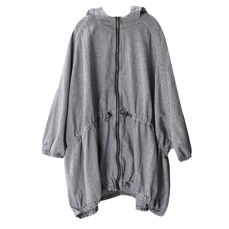 [EWQ] Autumn New Pattern Office Lady Style A-line Loose Full Sleeve Solid Color Zipper Hooded Collar Windbreak Coat AF890