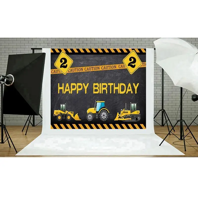 

Photocall Backdrops Birthday Construction Party Stripe Caution Birthday Excavator Photography Backgrounds For Photo Studio