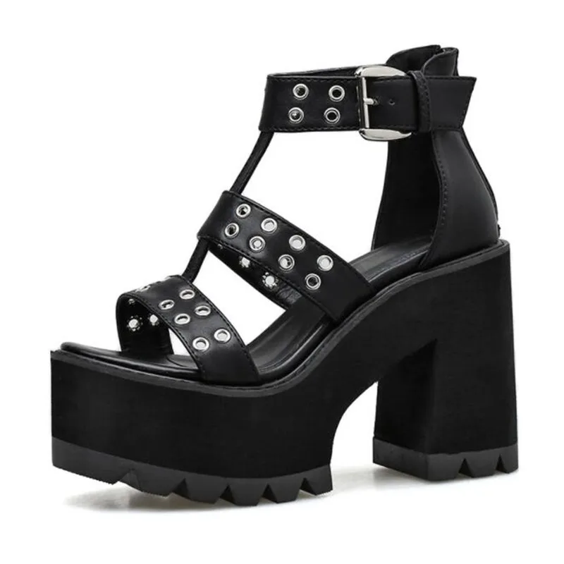 

2021 ladies high heels sexy female sandals rivet shoes ladies party rock style thick heel platform back zipper summer footwear g