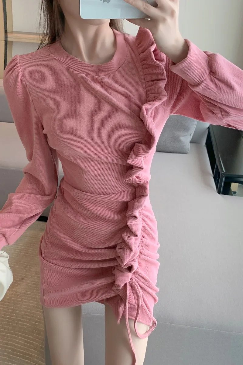 

Fairy Sweet Girl 2021 Spring New Fashion Slim Fit Pleated Design Sense Wooden Ear Corduroy Dress