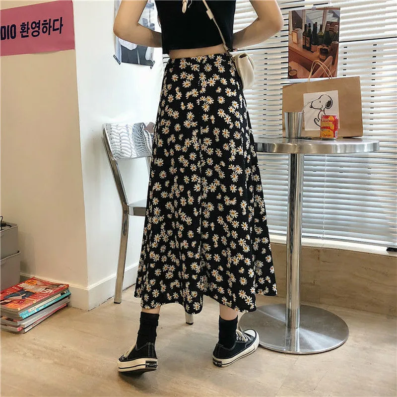 

Aurkrrvn Trendy Daisies Print Long Summer Skrits for Womens Korean Style A-line Female High Waist Skirts Plus Size Women 2020