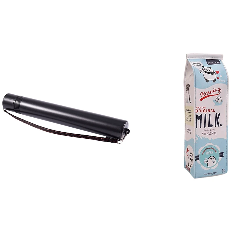

1 Pcs Black Drawing Picture Storage Tube Scroll Holder & 1 Pcs Simulation Of Milk Cartoon Pencil Case Stationery Pouch