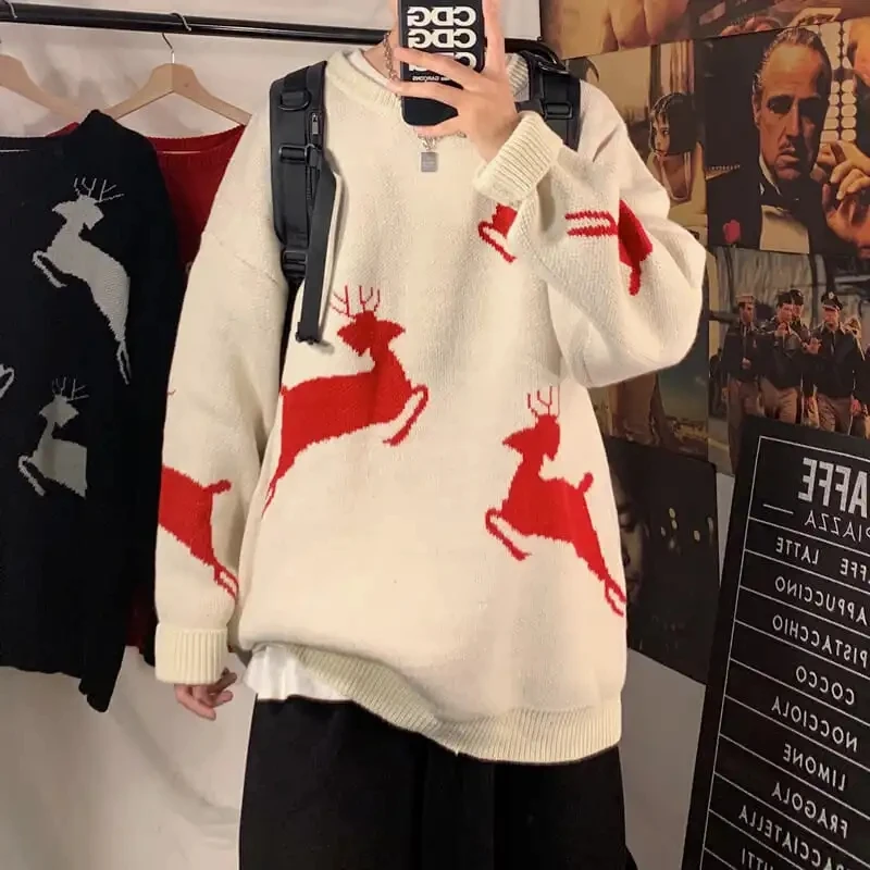 Мужской свитер с круглым вырезом Красный свободный в Корейском стиле Осень-зима