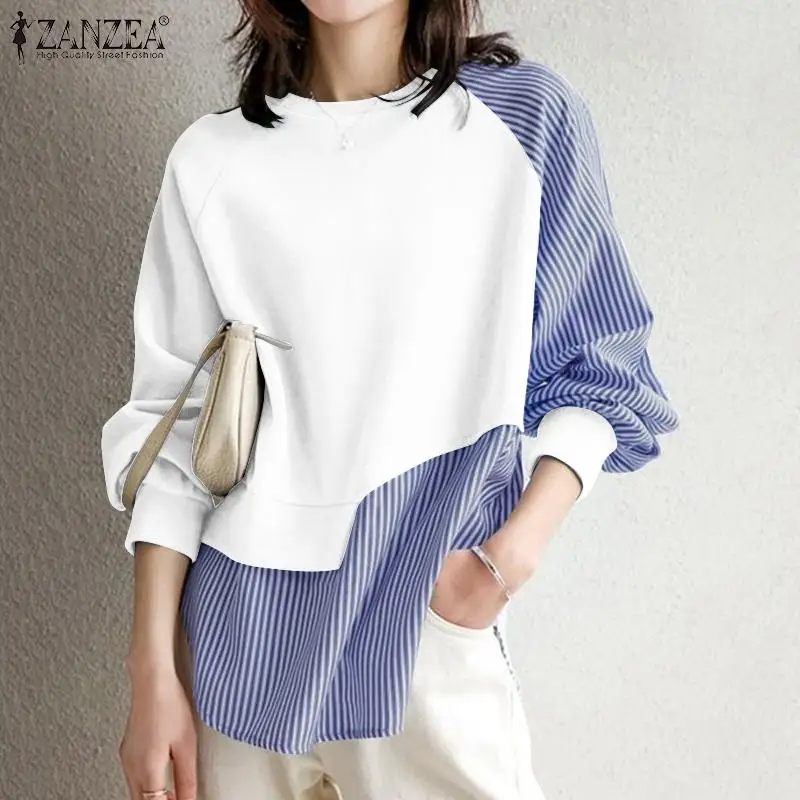 

Elastic Holiday Shirt Casual Elegant Loose Retro Top 2022 ZANZEA Women Loose Stripe Patchwork Long Sleeved Hoodies Blouse O-Neck