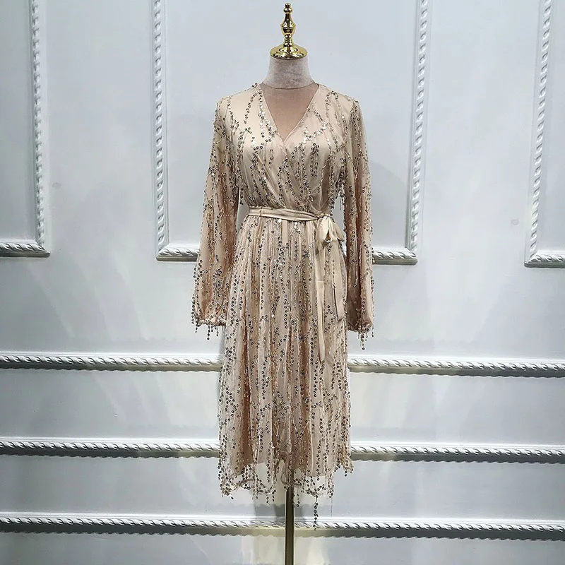 

France Canada loose large size sequined tassel double layer dress Muslim women mid-length short skirt Islamic mosque visit dress