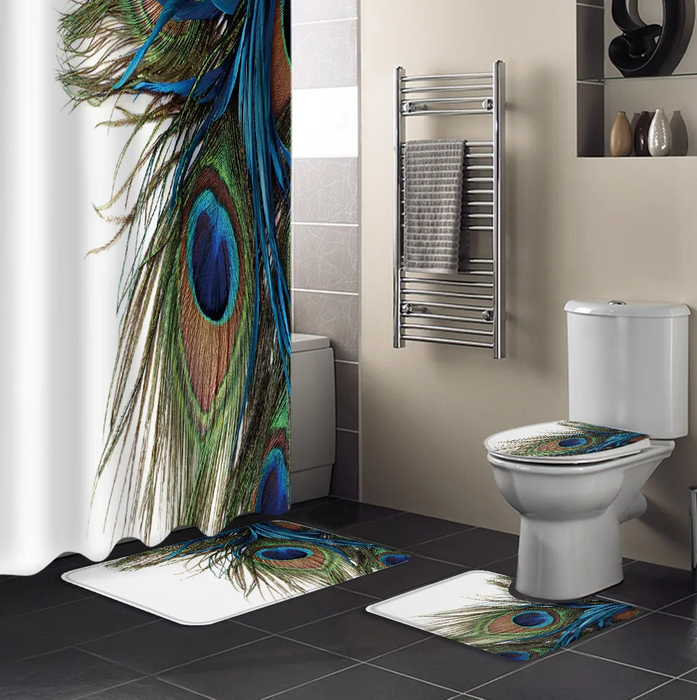 С принтом павлиньи перья Белая Ванная комната Шторы комплект набор ковриков для