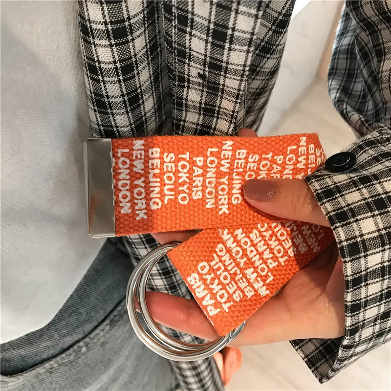 Модный холщовый ремень с буквенным принтом Harajuku для мужчин и женщин, повседневные джинсы с d-образным кольцом и пряжкой, поясные ремни черного и красного цвета, длина пояса 130 см, Z30