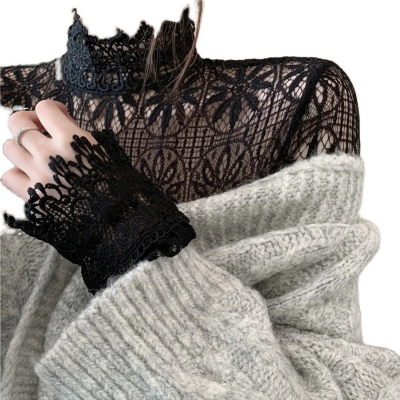 

Fashion high-neck lace bottoming shirt women 2020 fashion with black mesh hollow long-sleeved casual top