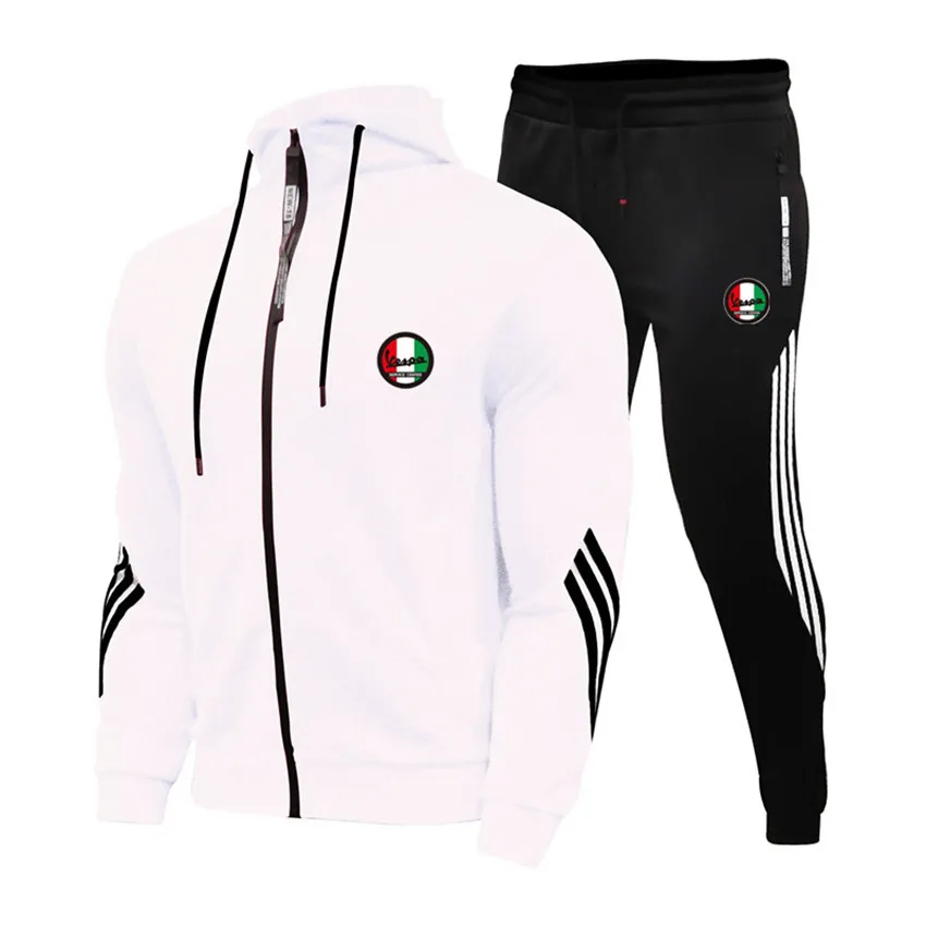 

2021 Vespa Spring Men's Sports Suit Motorcycle Pattern Printing Casual Sports Striped Zipper Hoodie+Slim Trousers 2 Piece Set