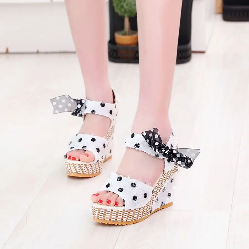 

2021Women Sandals Dot Bowknot Design Platform Wedge Female Casual High Increas Shoes Ladies Fashion Ankle Strap Open Toe Sandals