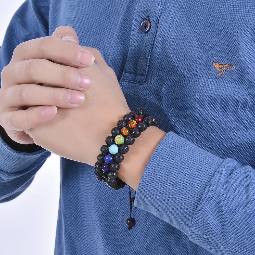 Браслет с чакрами 8 мм 3-слойный браслет из лавового камня регулируемый