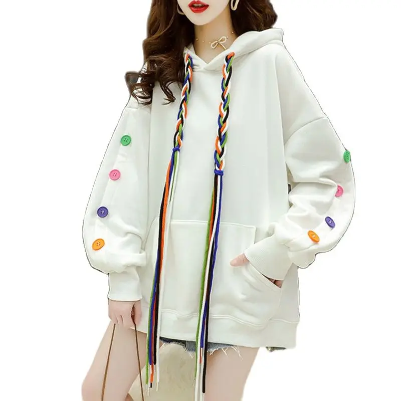 

Gothic Colorful Drawstring Sweatshirt Black Women Streetwear Winter Fleece Warm Hoodie Pocket Woman Clothes Oversized Pullover