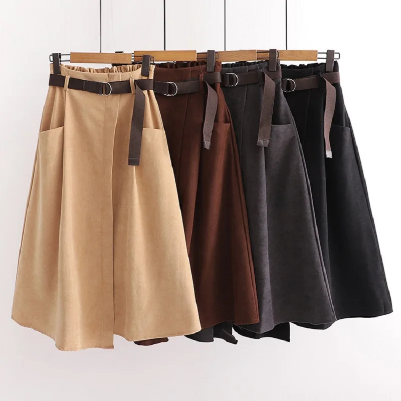 

2020 New Autumn Winter Solid Color Skirt with bekt women Casual Artistic Pocket High Waist Slim Irregular Midi Skirt for Women