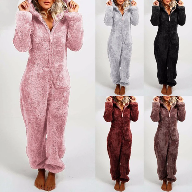 

Plus Size Pajamas Women Onsies Adult Women One Piece Winter Warm Plush Hooded Sleepwear Ladies Jumpsuit Homewear