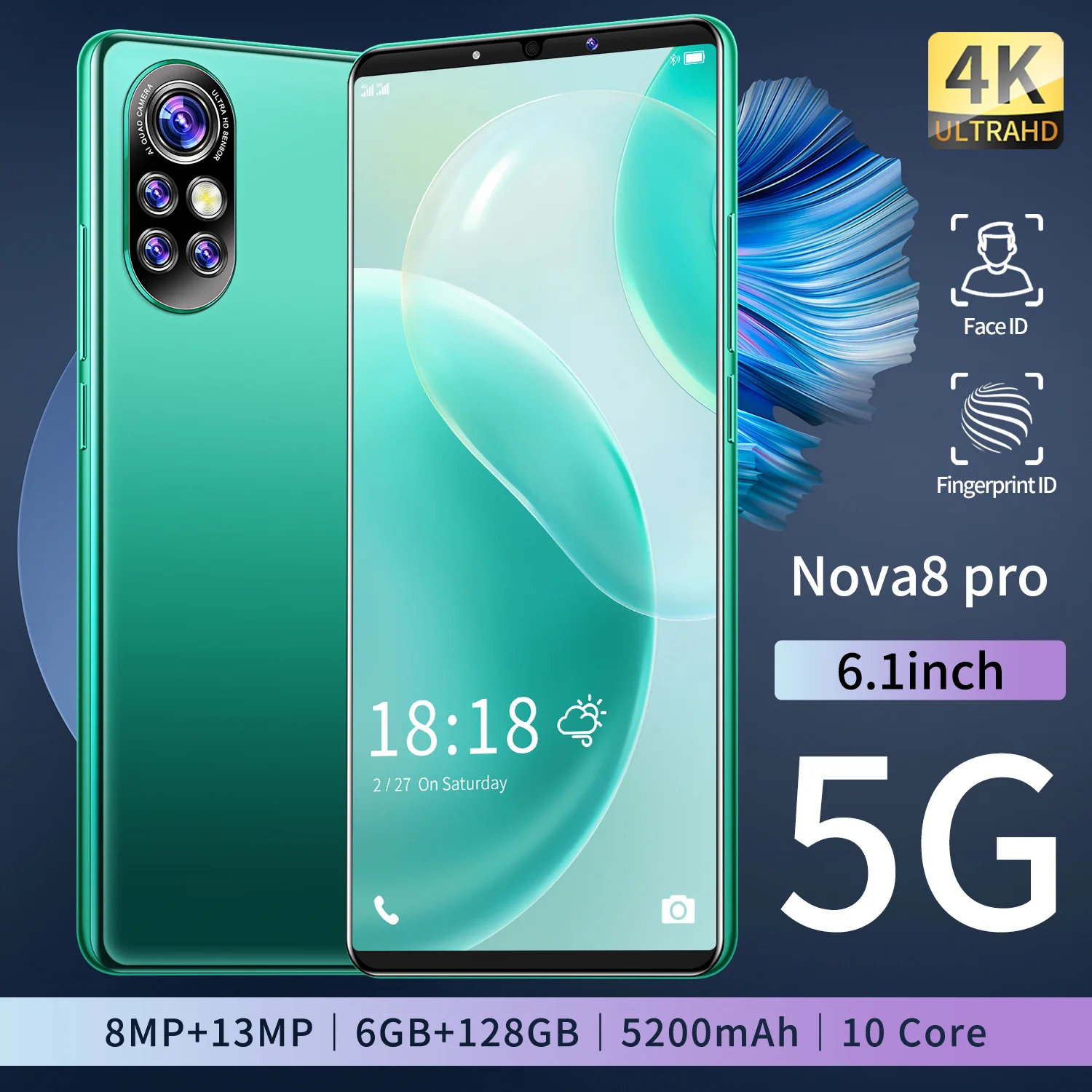 

Global Version Nova8 Pro 6.1 Inch Smart Phone 6GB+128GB Dual SIM 5200mAh Fingerprint ID Cheap 10 Core MTK6889 1440*3200 Celular