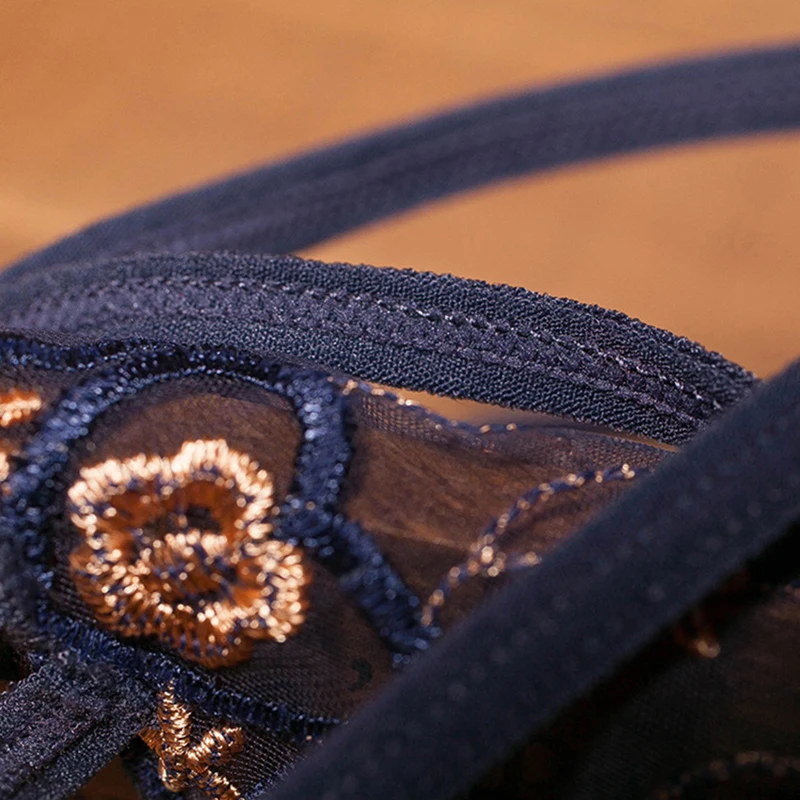 

Women's G-String Panties Mesh Ladies Transparent Perspective Underpant Low Waist Thong Flower Pattern with Diamond EK-Ne