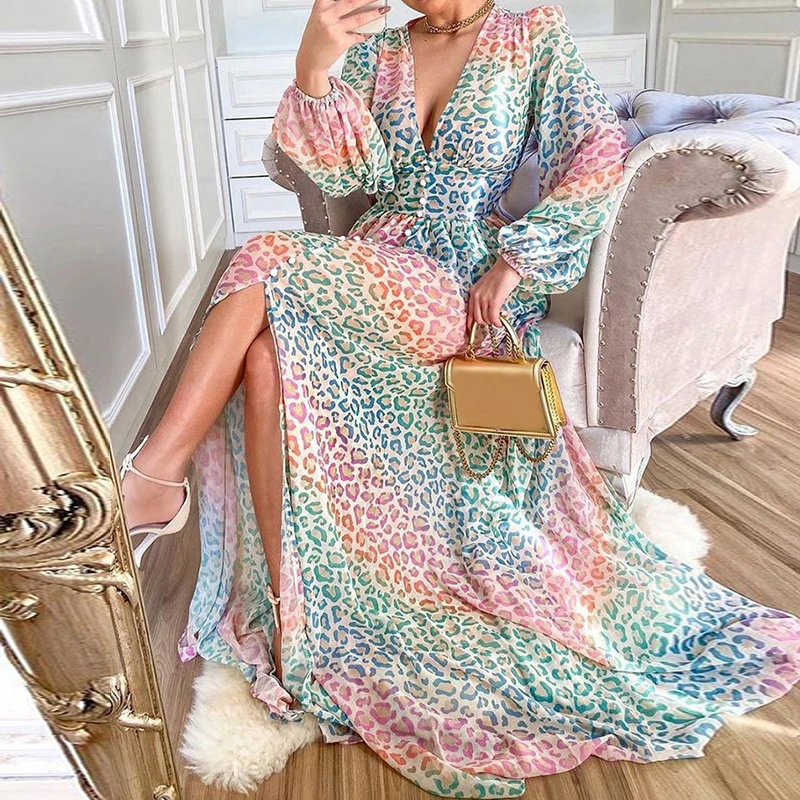 

Women Print Leopard Deep V Neck Long Dress Long Sleeve Split Holiday Maxi Dress Autumn Button Party 2021 New Vestidos Rob Chic