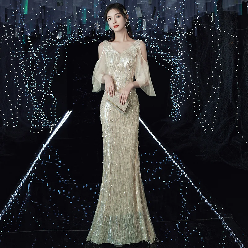 

Evening Dresses V--Neck Lace Short Sleeves Zipper Back Mermaid Floor-length Sequins New Plus size Women Formal Party Dress C234