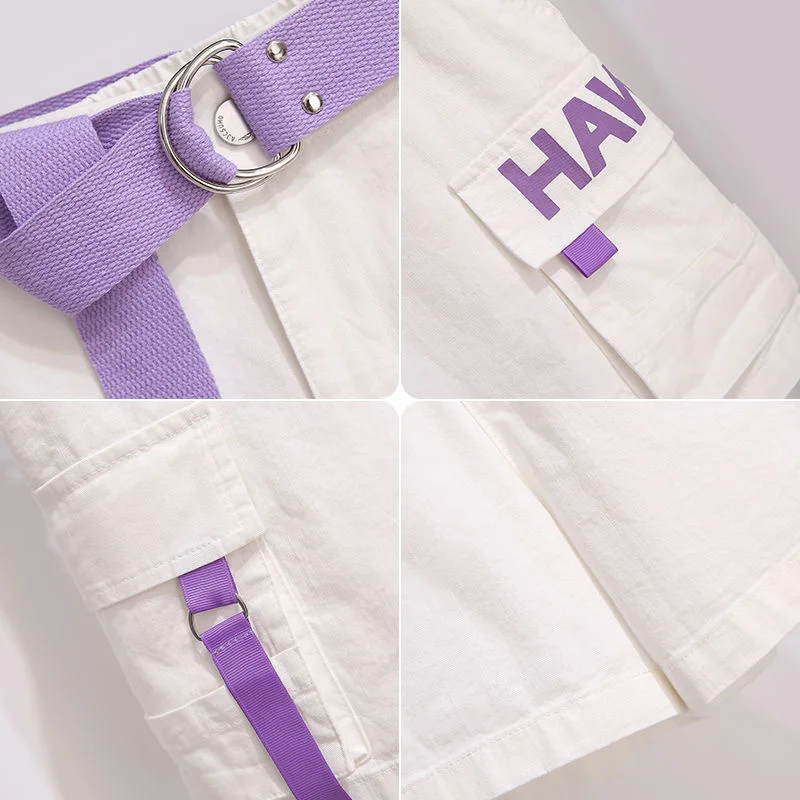 

Women Sets Summer Chic Purple Print Harajuku Sweet Girls Outfits Lovely Short Sleeve Top Tees High Waistes Cargo Womens Shorts