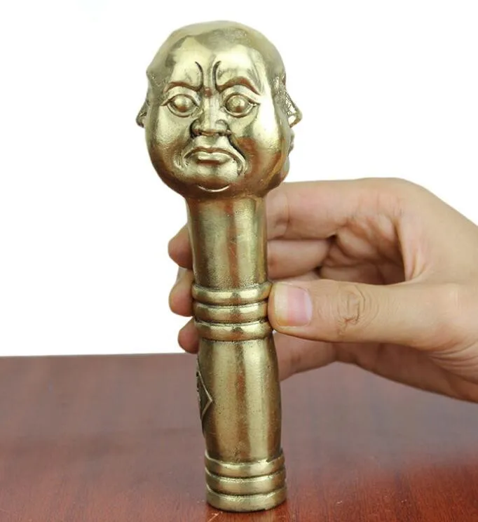 

CHINESE OLD COPPER HANDWORK CARVING 4 FACE BUDDHA STATUE WALKING STICK HEAD