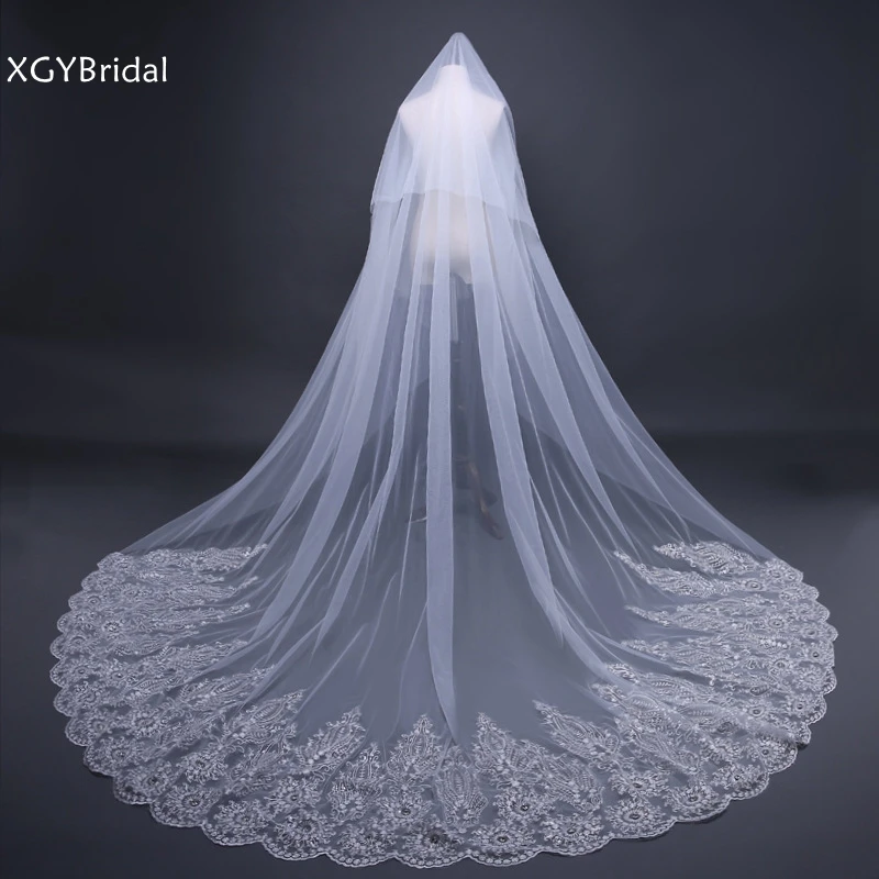 

3 Meter cathedral wedding veil Long Lace Appliques with Beaded Crystals Bridal Veils Bride accessoires de mariage velo novia