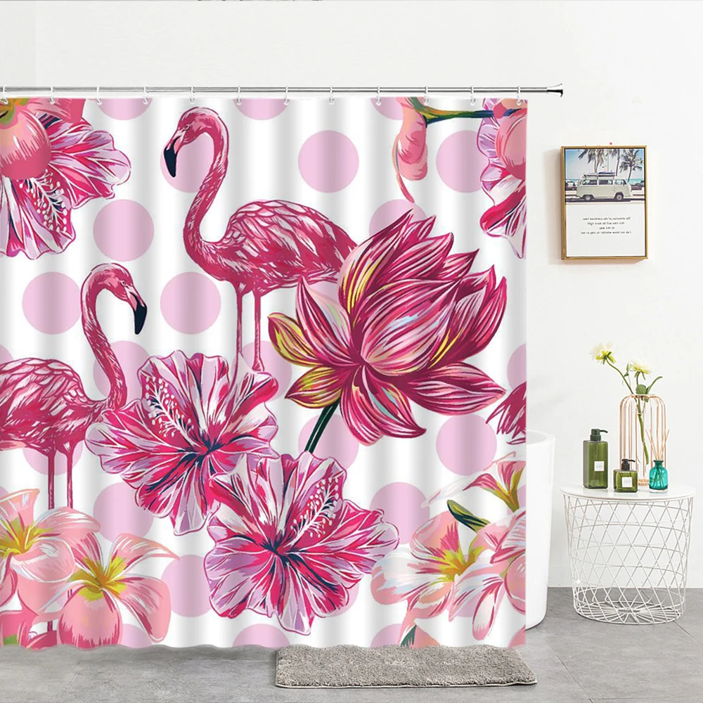 

Flamingo Shower Curtain Flowers Waterproof Bathroom Curtain Polyester Cloth With Hooks Home Decoration Bathroom Screen Curtain