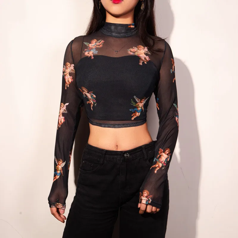 Женская прозрачная Сетчатая футболка новая в сеточку модный топ с милым принтом