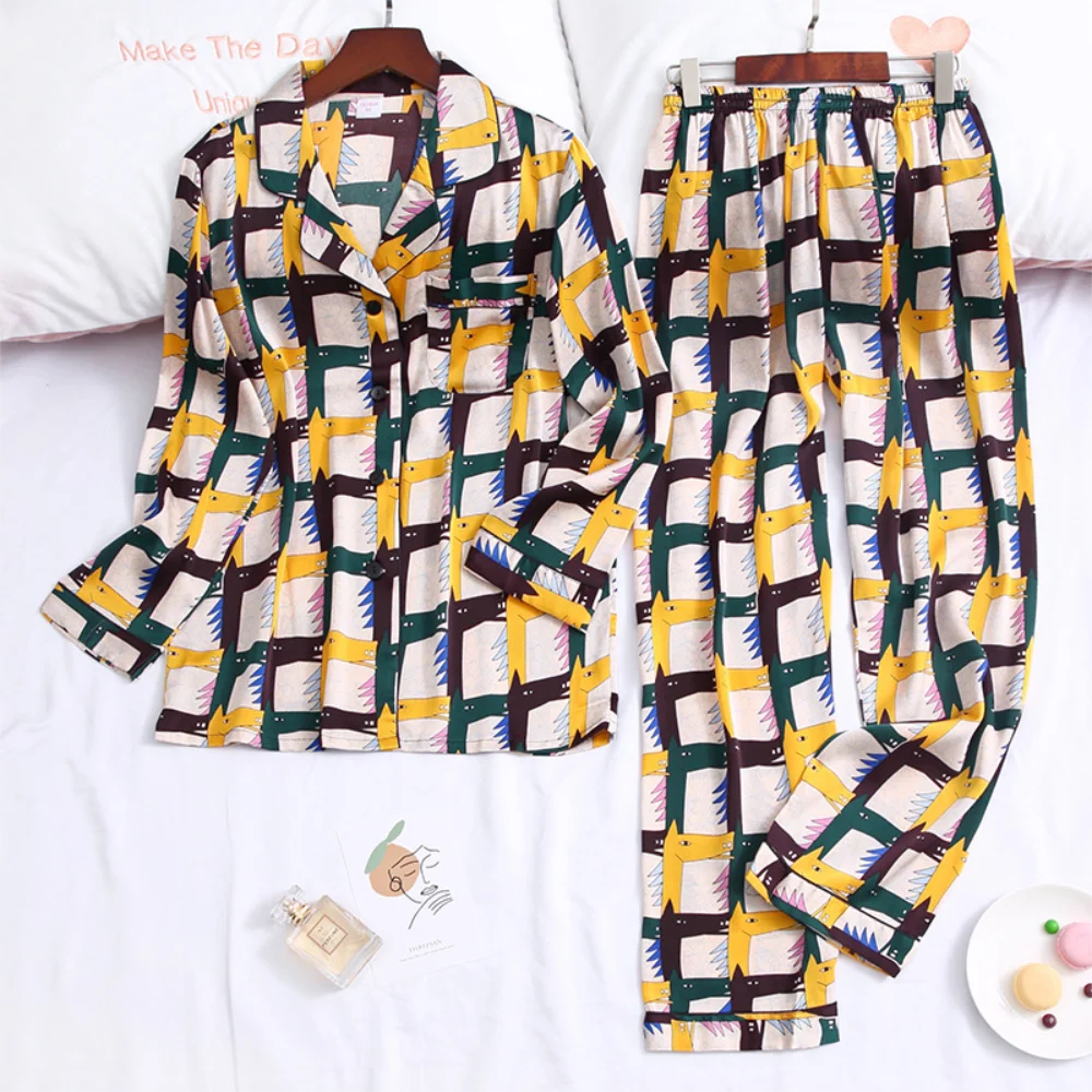 Женский пижамный комплект из двух предметов длинные штаны атласа с шелковым