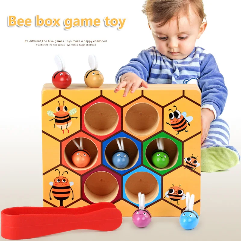 

Small Educatinal Bee Wooden Leaning Toys Children Montessori Early Education Beehive Game Childhood Color Cognitive Clip