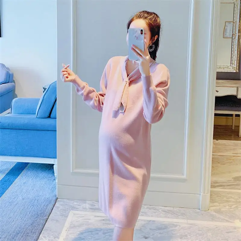 Розовое трикотажное платье свитер для беременных женская одежда 2019 платья с